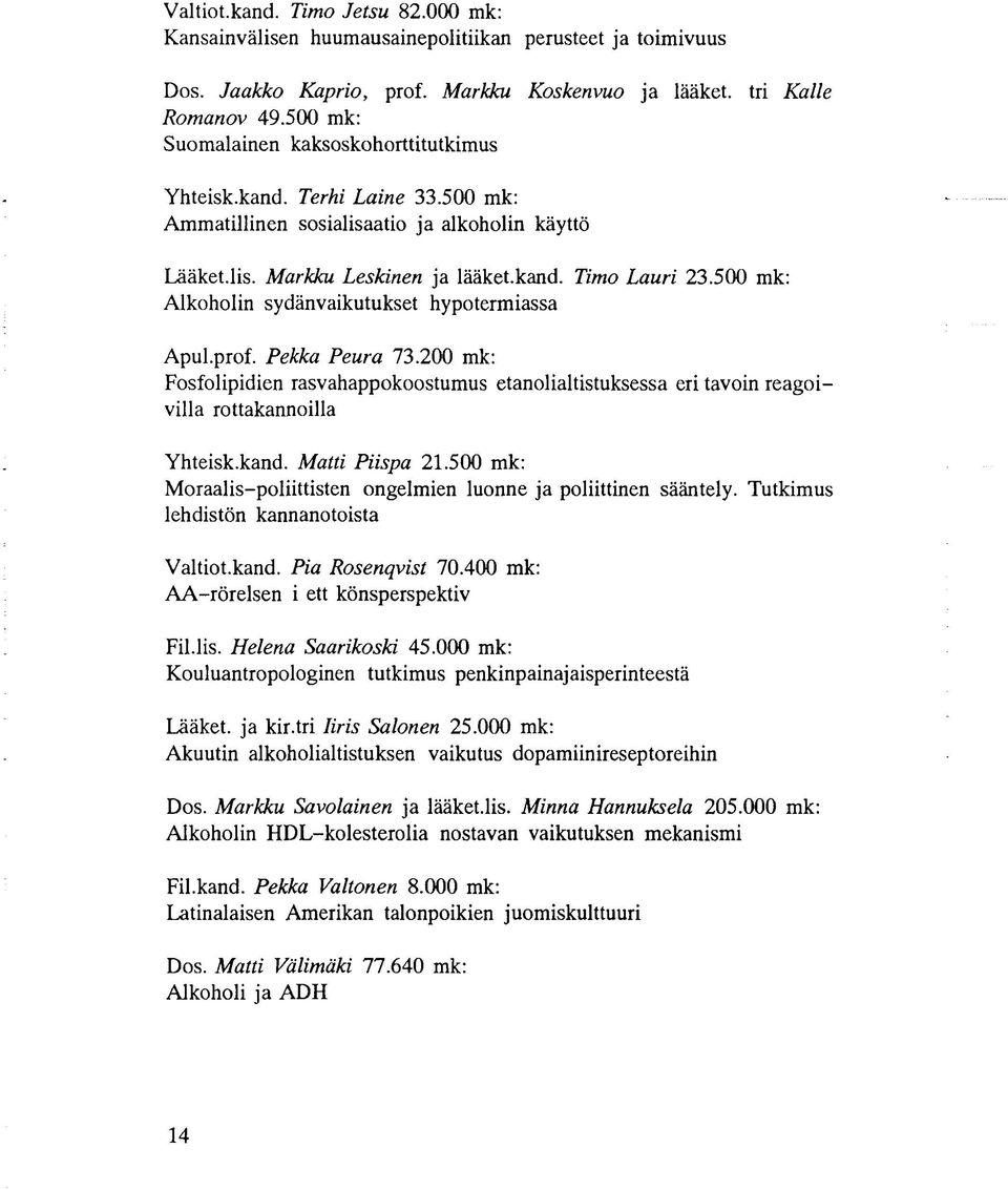 500 mk: Alkoholin sydänvaikutukset hypotermiassa Apul.prof. Pekka Peura 73.200 mk: Fosfolipidien rasvahappokoostumus etanolialtistuksessa eri tavoin reagoivilla rottakannoilla Yhteisk.kand.