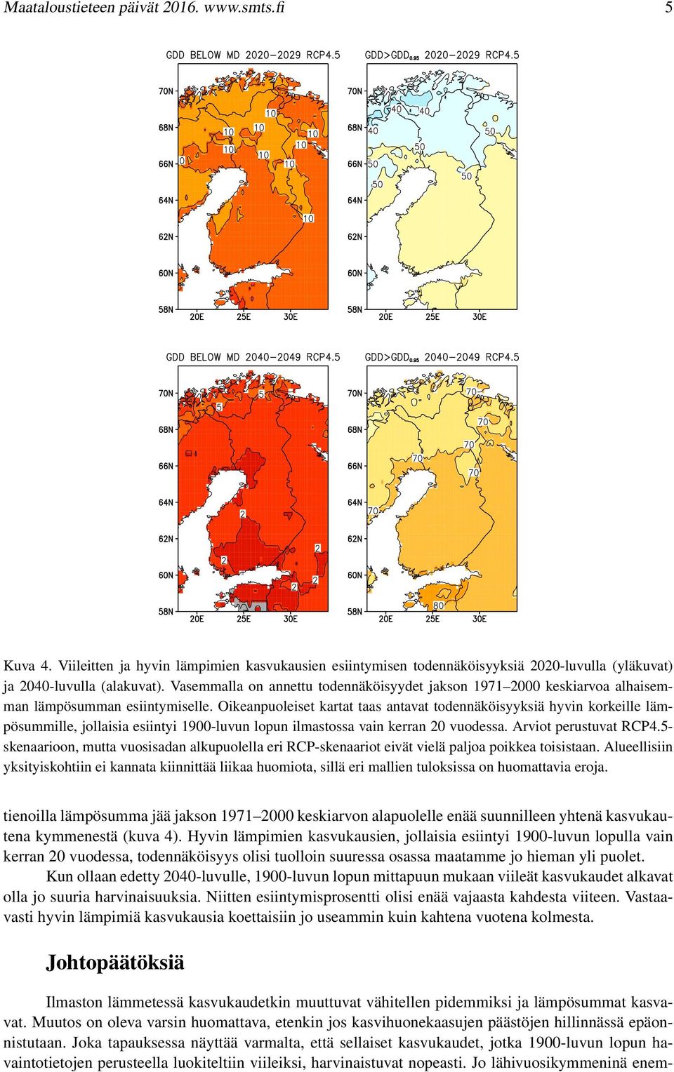 Oikeanpuoleiset kartat taas antavat todennäköisyyksiä hyvin korkeille lämpösummille, jollaisia esiintyi 1900-luvun lopun ilmastossa vain kerran 20 vuodessa. Arviot perustuvat RCP4.