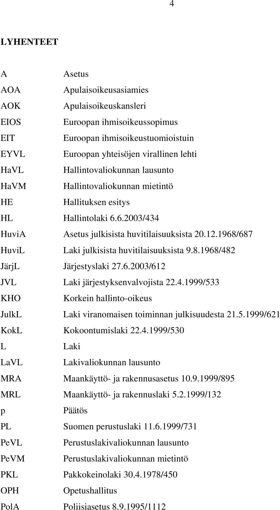 1968/687 HuviL Laki julkisista huvitilaisuuksista 9.8.1968/482 JärjL Järjestyslaki 27.6.2003/612 JVL Laki järjestyksenvalvojista 22.4.1999/533 KHO Korkein hallinto-oikeus JulkL Laki viranomaisen toiminnan julkisuudesta 21.