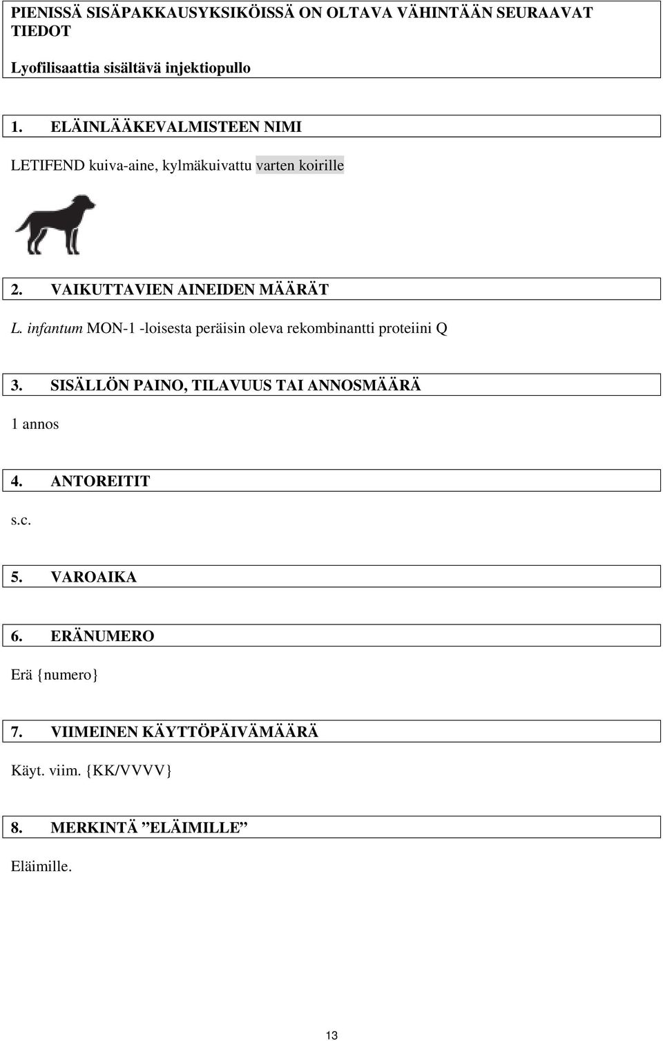 infantum MON-1 -loisesta peräisin oleva rekombinantti proteiini Q 3. SISÄLLÖN PAINO, TILAVUUS TAI ANNOSMÄÄRÄ 1 annos 4.