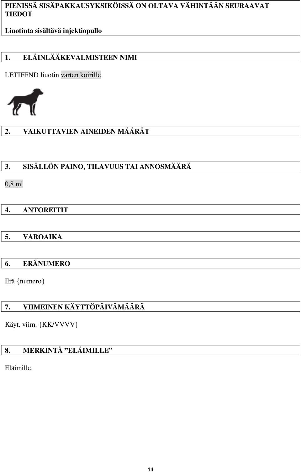 VAIKUTTAVIEN AINEIDEN MÄÄRÄT 3. SISÄLLÖN PAINO, TILAVUUS TAI ANNOSMÄÄRÄ 0,8 ml 4. ANTOREITIT 5.