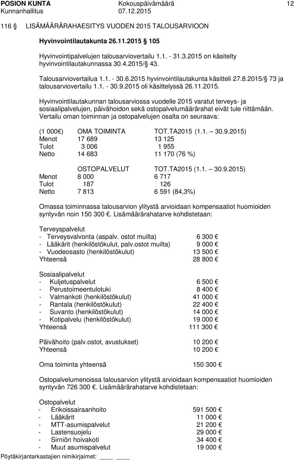 2015 oli käsittelyssä 26.11.2015. Hyvinvointilautakunnan talousarviossa vuodelle 2015 varatut terveys- ja sosiaalipalvelujen, päivähoidon sekä ostopalvelumäärärahat eivät tule riittämään.