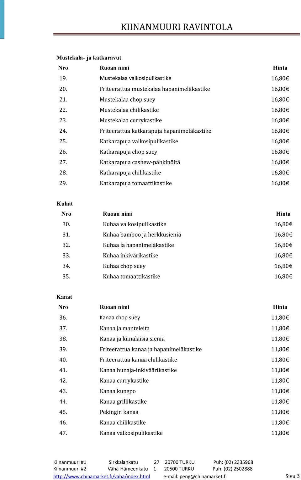 Katkarapuja chilikastike 16,80 29. Katkarapuja tomaattikastike 16,80 Kuhat 30. Kuhaa valkosipulikastike 16,80 31. Kuhaa bamboo ja herkkusieniä 16,80 32. Kuhaa ja hapanimeläkastike 16,80 33.