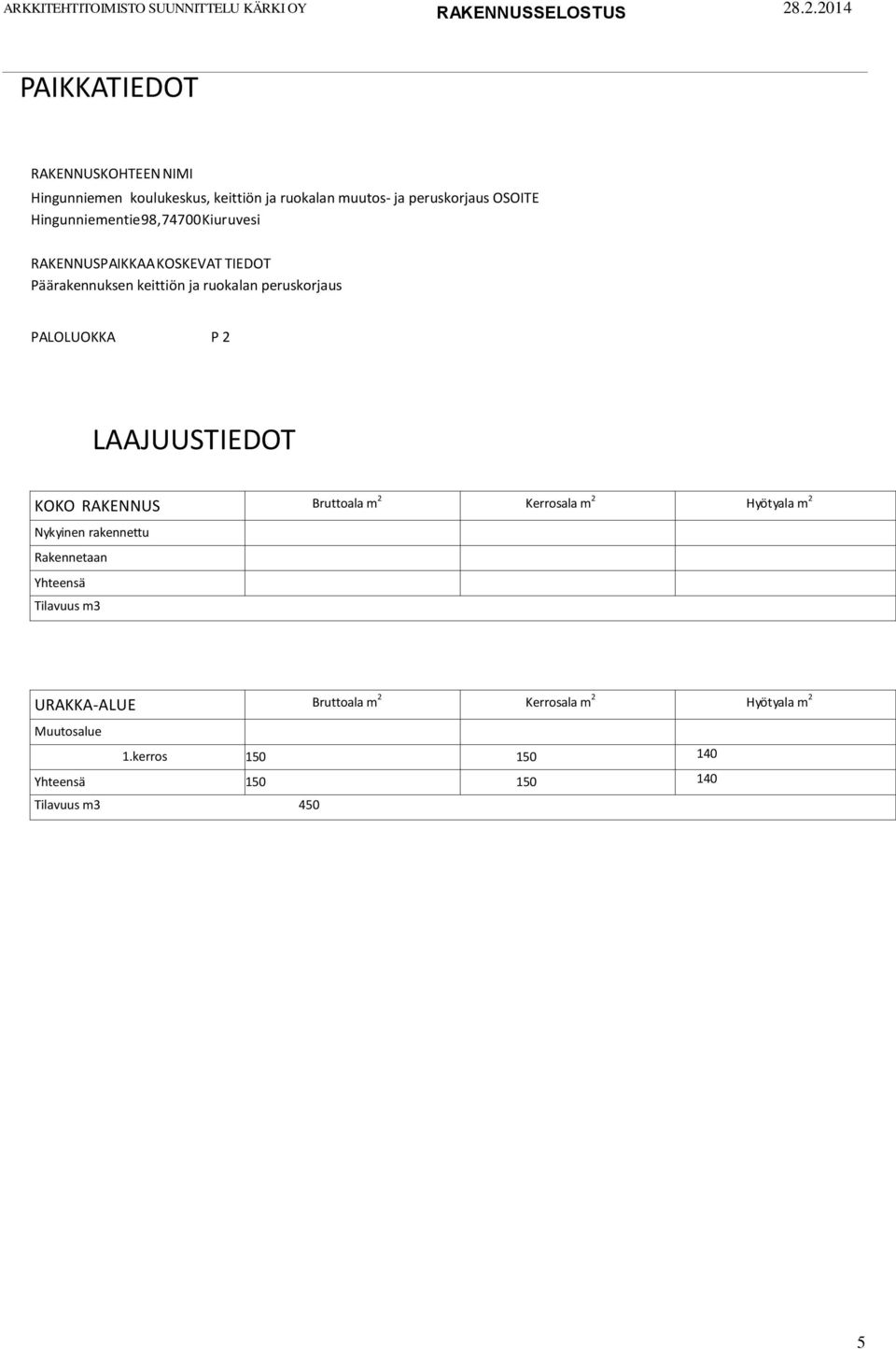 PALOLUOKKA P 2 LAAJUUSTIEDOT KOKO RAKENNUS Bruttoala m 2 Kerrosala m 2 Hyötyala m 2 Nykyinen rakennettu Rakennetaan