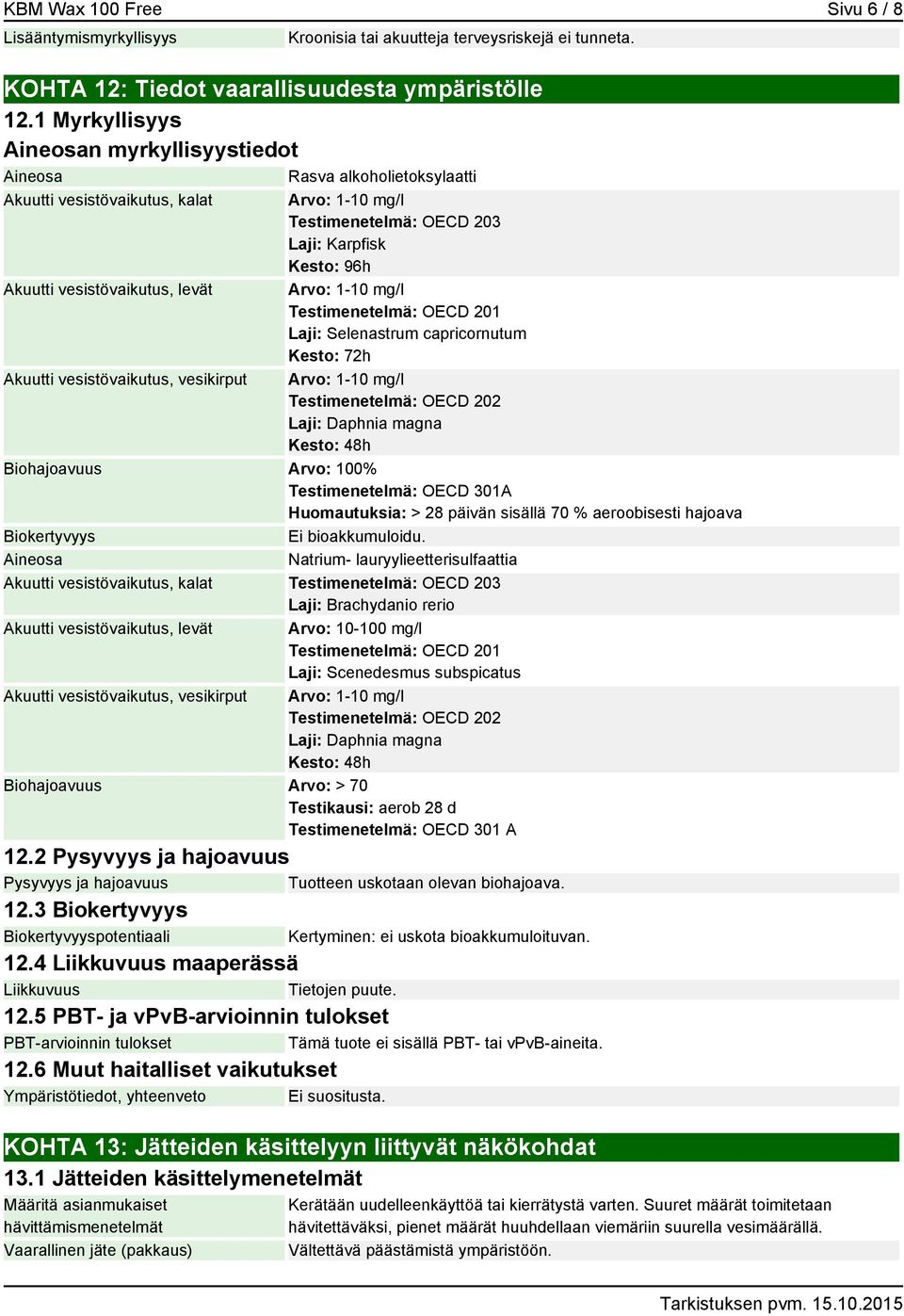vesistövaikutus, levät Arvo: 1-10 mg/l Testimenetelmä: OECD 201 Laji: Selenastrum capricornutum Kesto: 72h Akuutti vesistövaikutus, vesikirput Arvo: 1-10 mg/l Testimenetelmä: OECD 202 Laji: Daphnia