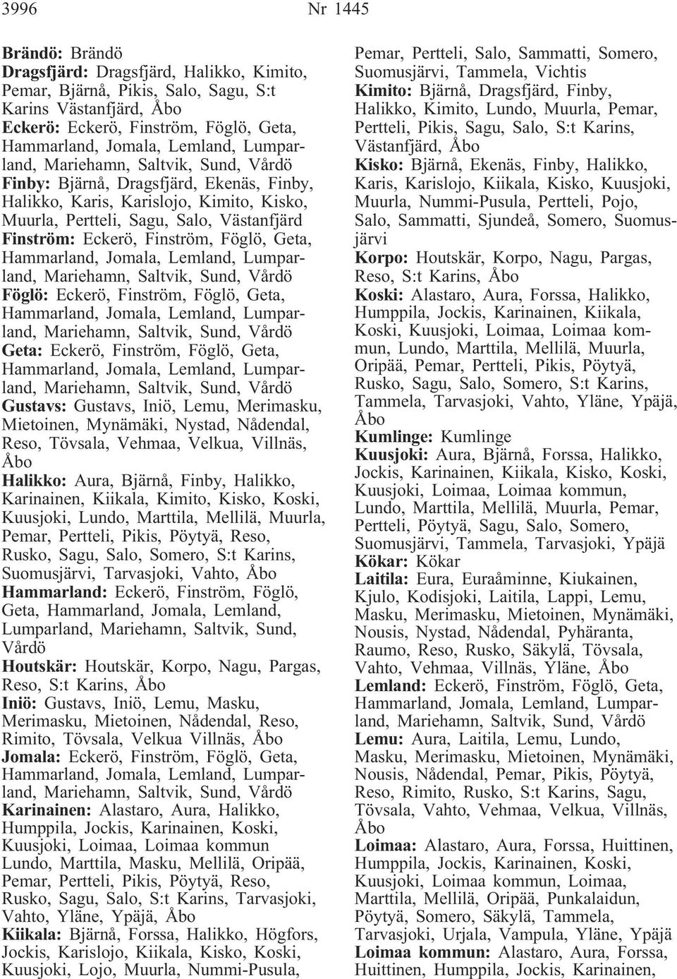 Föglö, Geta, Hammarland, Jomala, Lemland, Lumparland, Mariehamn, Saltvik, Sund, Vårdö Föglö: Eckerö, Finström, Föglö, Geta, Hammarland, Jomala, Lemland, Lumparland, Mariehamn, Saltvik, Sund, Vårdö