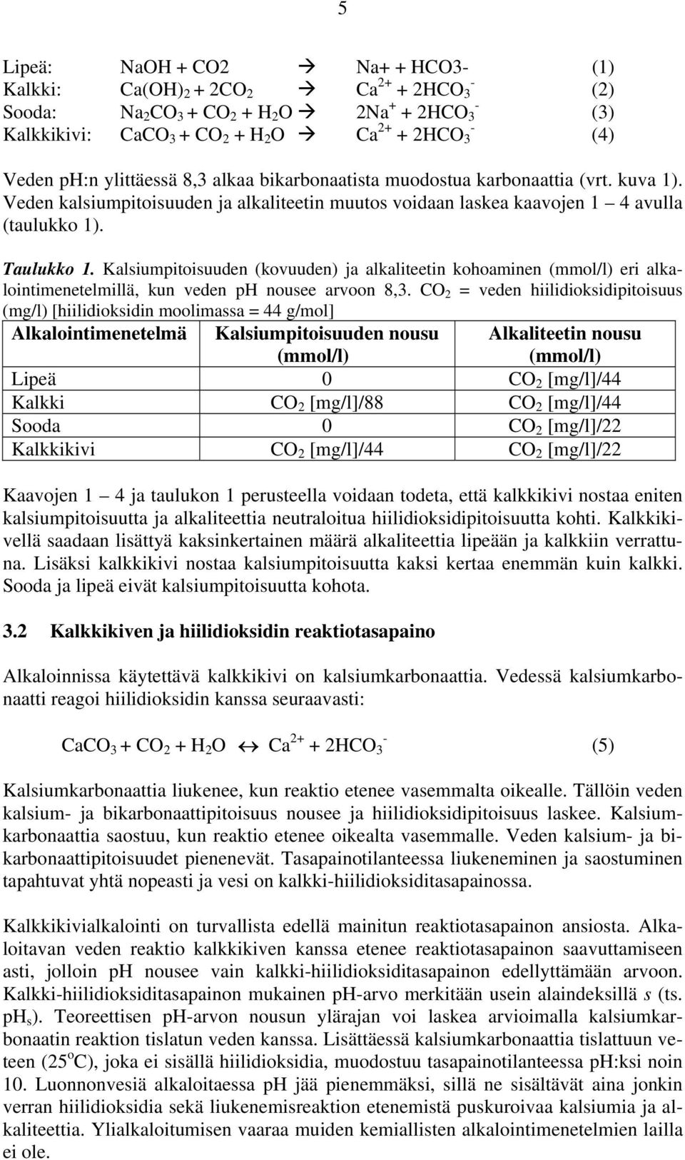 Kalsiumpitoisuuden (kovuuden) ja alkaliteetin kohoaminen (mmol/l) eri alkalointimenetelmillä, kun veden ph nousee arvoon 8,3.