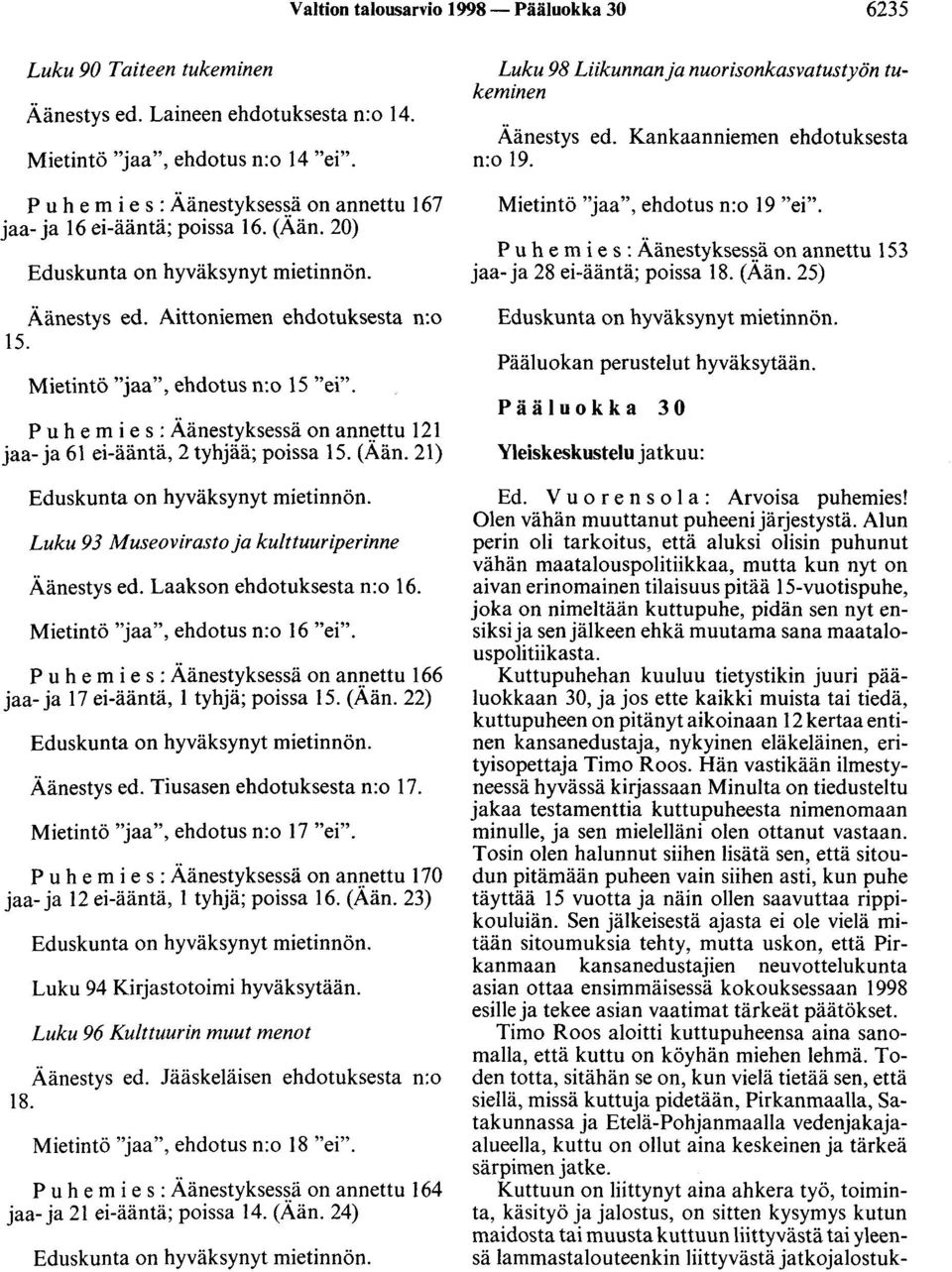 Puhemies: Äänestyksessä on ann.~ttu 121 jaa- ja 61 ei-ääntä, 2 tyhjää; poissa 15. (Aän. 21) Eduskunta on hyväksynyt mietinnön. Luku 93 Museovirasto ja kulttuuriperinne Äänestys ed.
