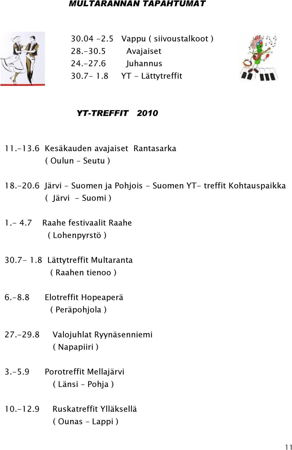 6 Järvi - Suomen ja Pohjois - Suomen YT- treffit Kohtauspaikka ( Järvi - Suomi ) 1.- 4.7 Raahe festivaalit Raahe ( Lohenpyrstö ) 30.7-1.