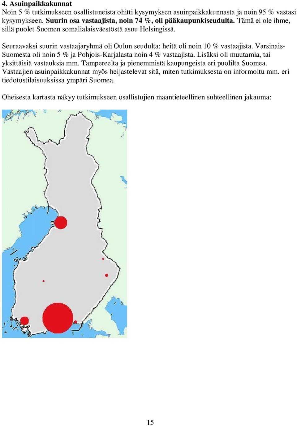 Varsinais- Suomesta oli noin 5 % ja Pohjois-Karjalasta noin 4 % vastaajista. Lisäksi oli muutamia, tai yksittäisiä vastauksia mm. Tampereelta ja pienemmistä kaupungeista eri puolilta Suomea.