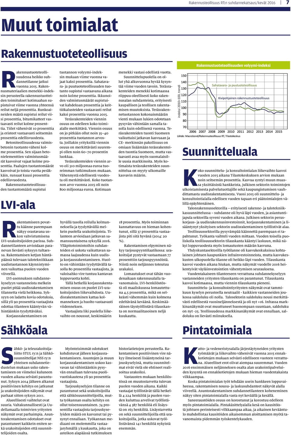 Runkoaineiden määrä supistui reilut viisi prosenttia, bitumikatteet vastaavasti reilut kolme prosenttia. Tiilet vähenivät 10 prosenttia ja eristeet vastaavasti seitsemän prosenttia edellisvuodesta.