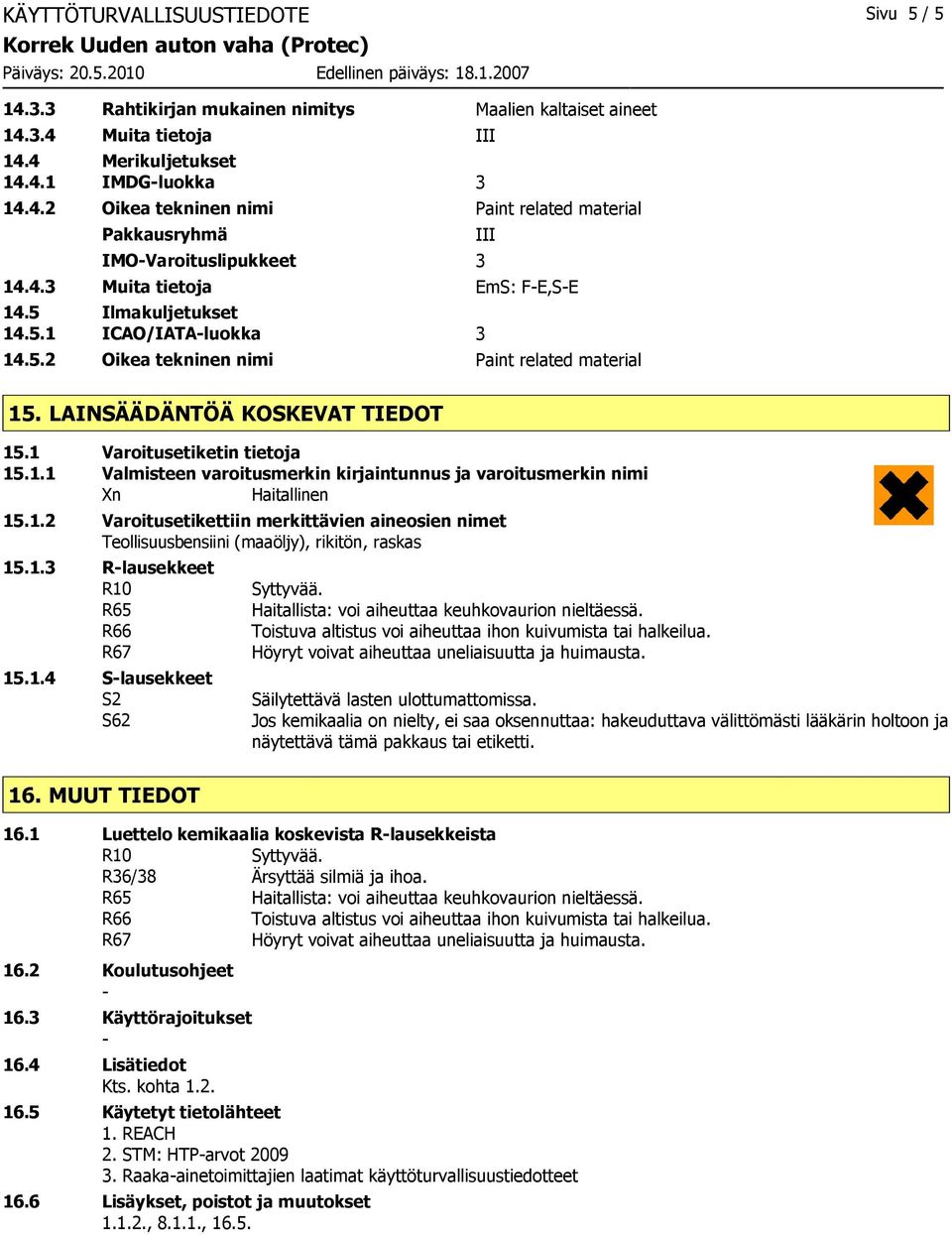 1.2 Varoitusetikettiin merkittävien aineosien nimet Teollisuusbensiini (maaöljy), rikitön, raskas 15.1.3 Rlausekkeet R10 R65 R66 R67 15.1.4 Slausekkeet S2 S62 Syttyvää.