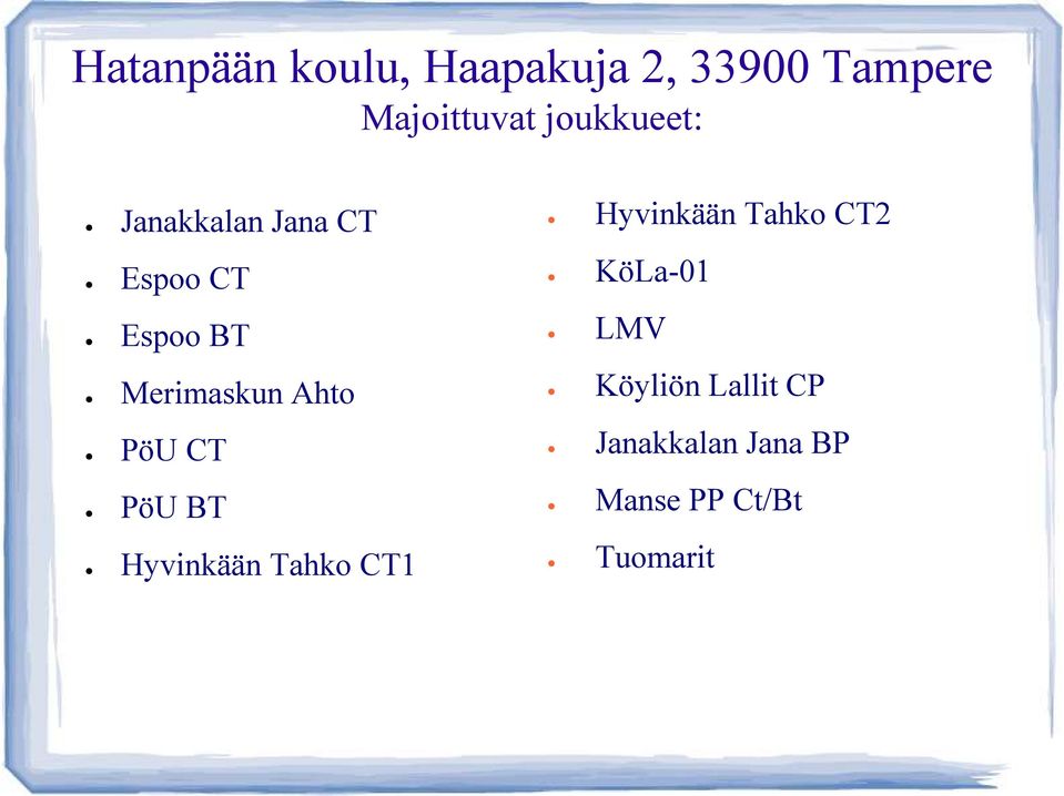 KöLa-01 Espoo BT LMV Merimaskun Ahto Köyliön Lallit CP PöU CT