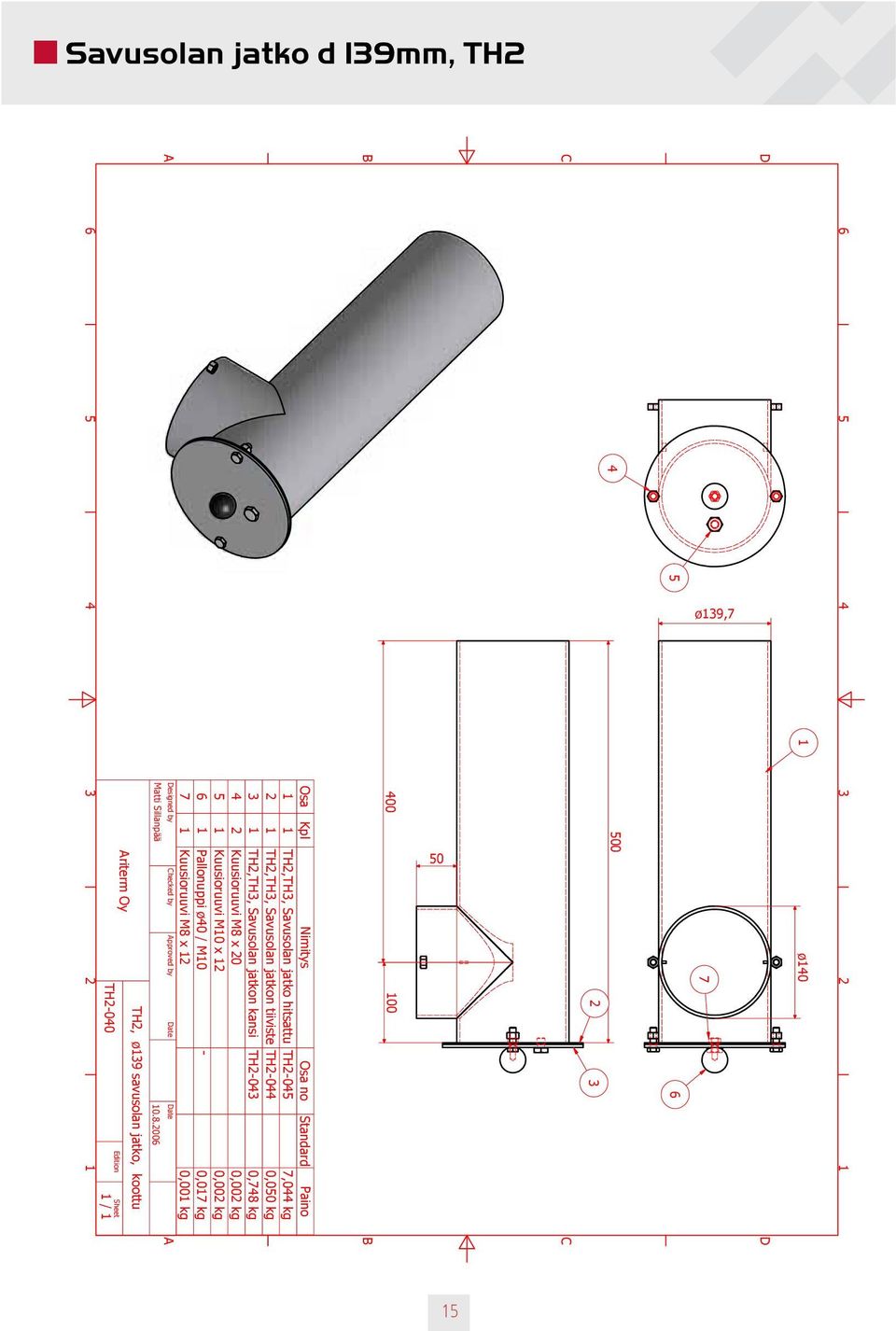 20 0,002 kg 5 Kuusioruuvi M0 x 2 0,002 kg 6 Pallonuppi ø0 / M0-0,07 kg 7 Kuusioruuvi M8 x 2 0,00 kg Designed by Checked by Approved