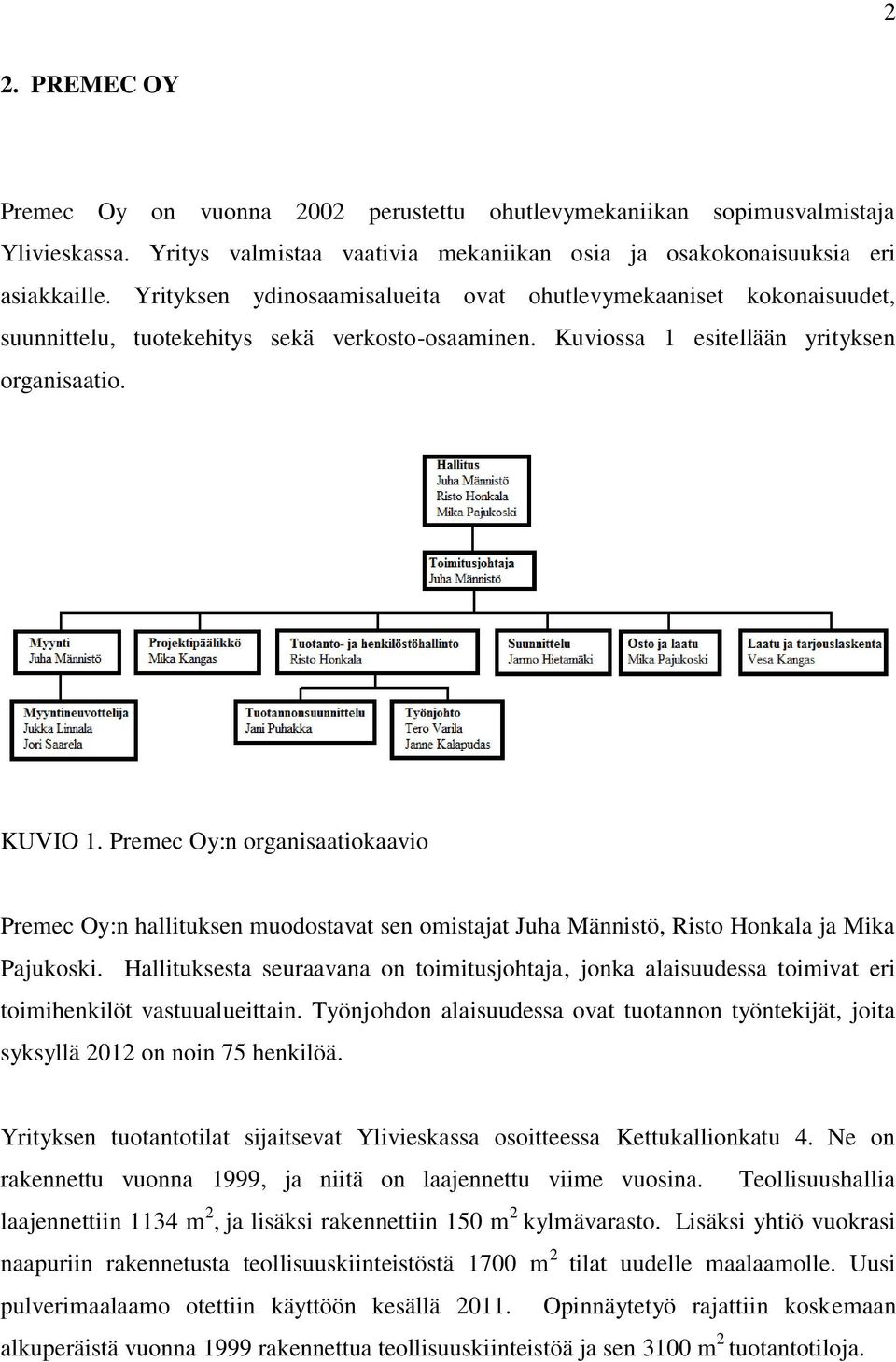 Premec Oy:n organisaatiokaavio Premec Oy:n hallituksen muodostavat sen omistajat Juha Männistö, Risto Honkala ja Mika Pajukoski.