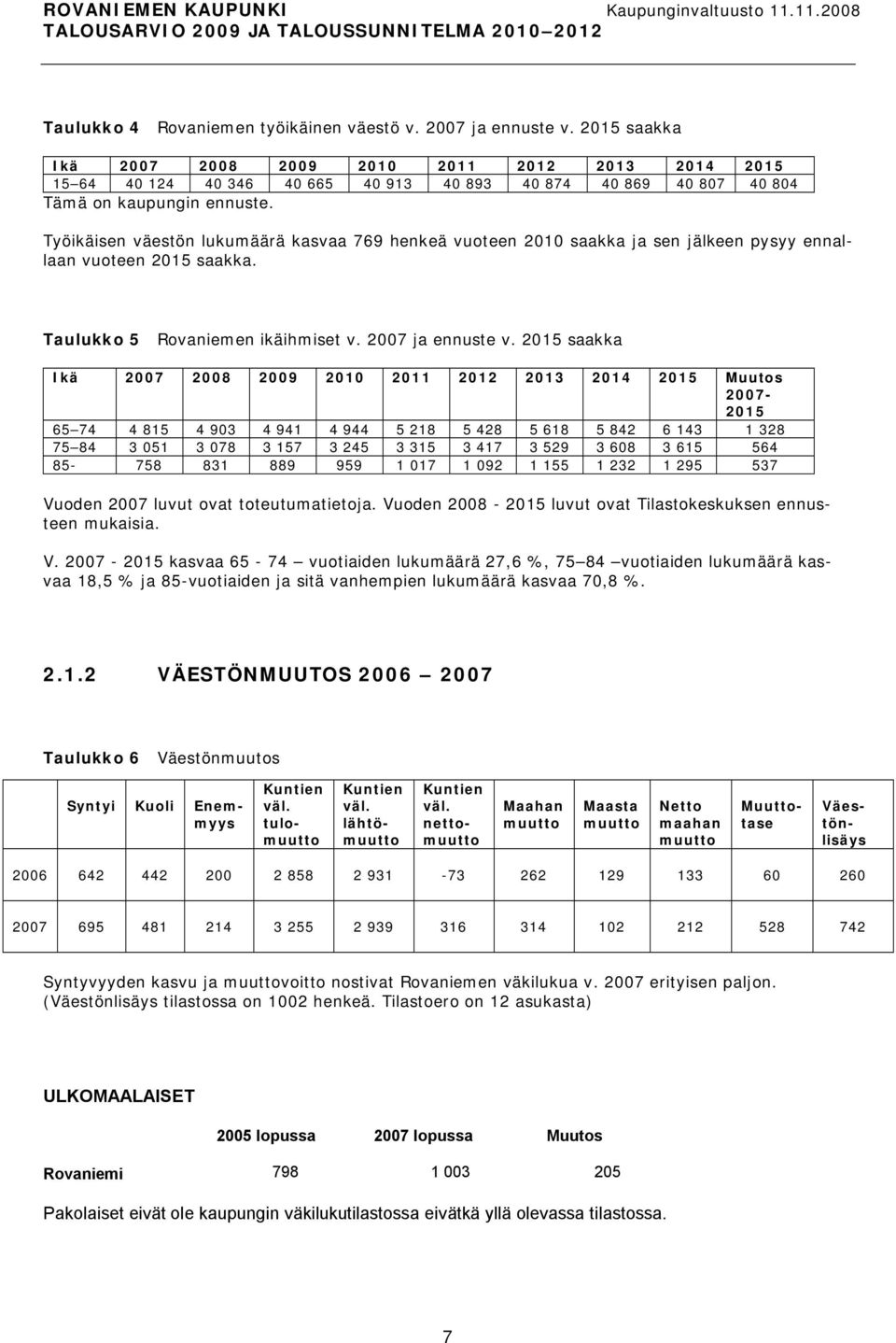 Työikäisen väestön lukumäärä kasvaa 769 henkeä vuoteen 2010 saakka ja sen jälkeen pysyy ennallaan vuoteen 2015 saakka. Taulukko 5 Rovaniemen ikäihmiset v. 2007 ja ennuste v.