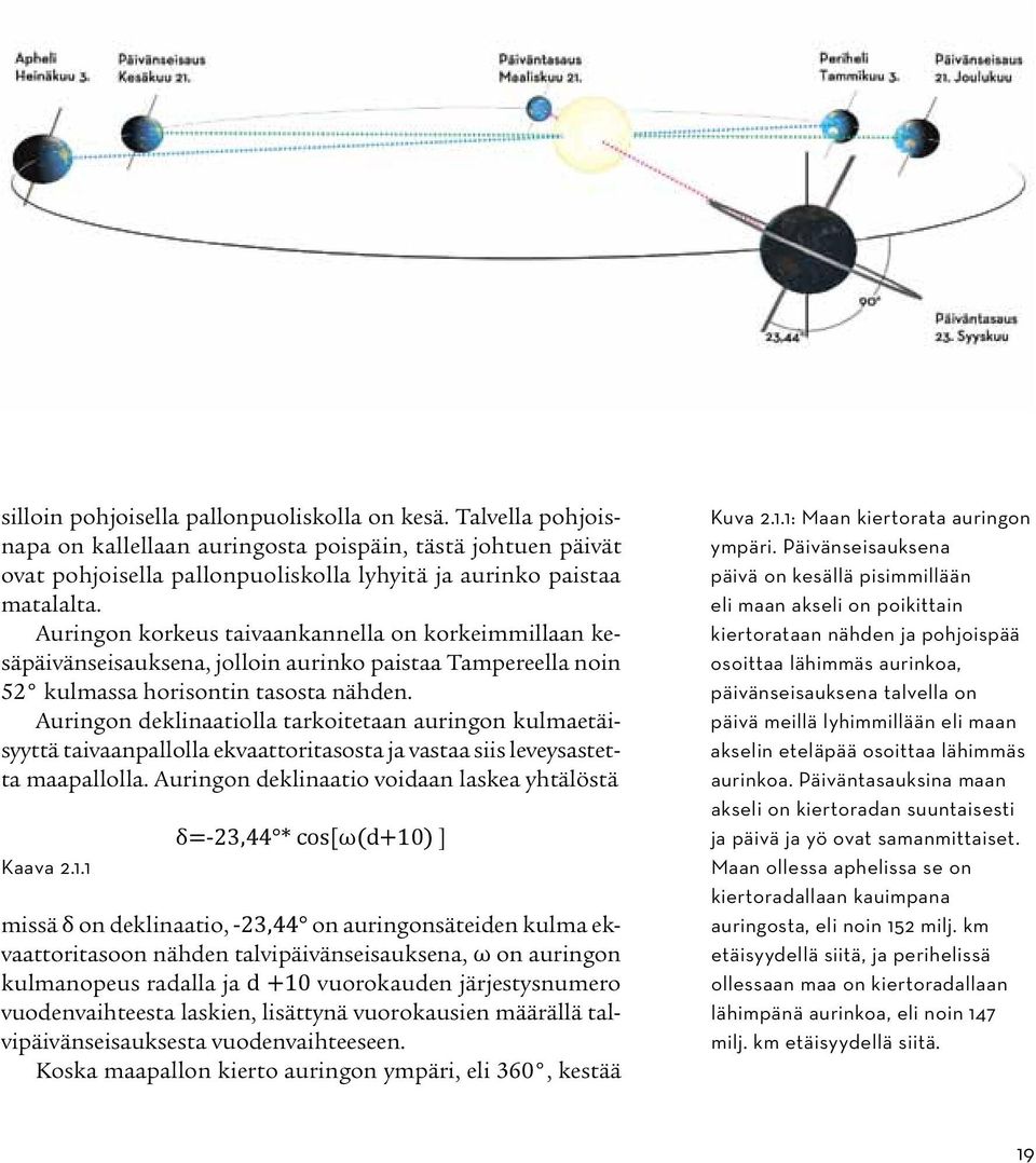 Auringon deklinaatiolla tarkoitetaan auringon kulmaetäisyyttä taivaanpallolla ekvaattoritasosta ja vastaa siis leveysastetta maapallolla. Auringon deklinaatio voidaan laskea yhtälöstä Kaava 2.1.