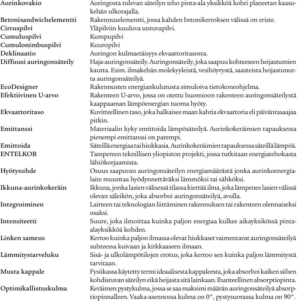 kaasukehän ulkorajalla. Rakennuselementti, jossa kahden betonikerroksen välissä on eriste. Yläpilviin kuuluva untuvapilvi. Kumpupilvi Kuuropilvi Auringon kulmaetäisyys ekvaattoritasosta.