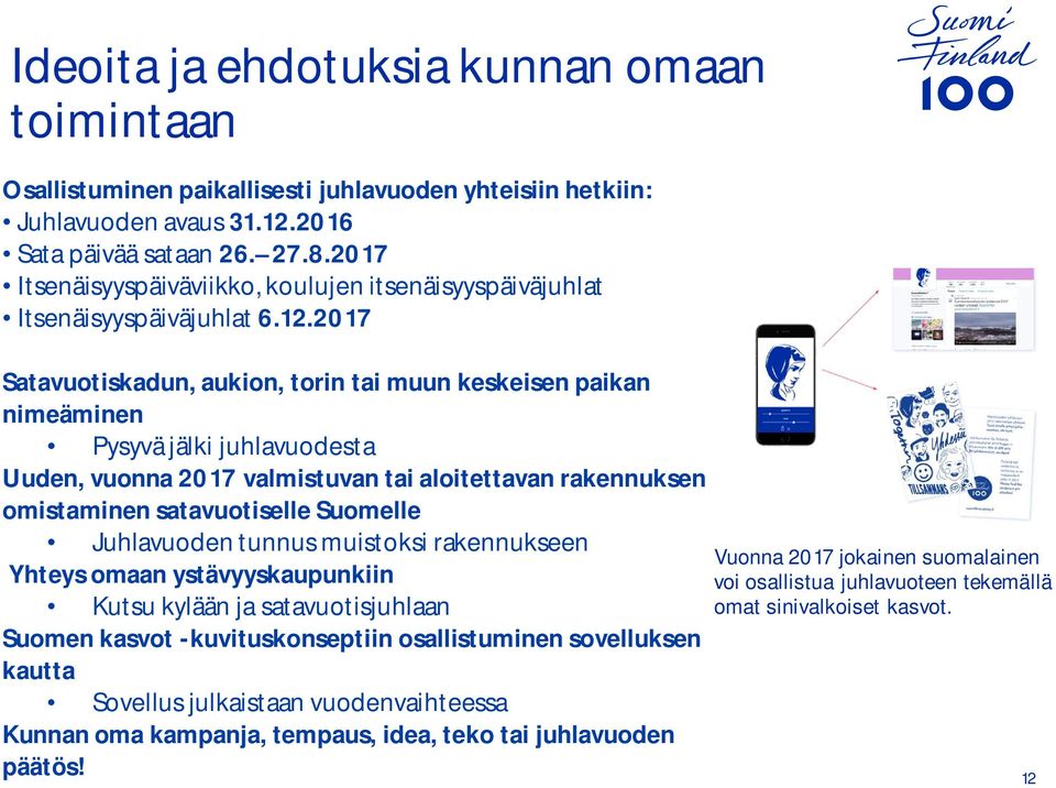 2017 Satavuotiskadun, aukion, torin tai muun keskeisen paikan nimeäminen Pysyvä jälki juhlavuodesta Uuden, vuonna 2017 valmistuvan tai aloitettavan rakennuksen omistaminen satavuotiselle Suomelle