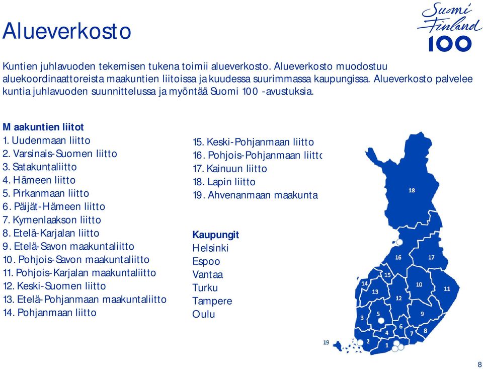 Pirkanmaan liitto 6. Päijät-Hämeen liitto 7. Kymenlaakson liitto 8. Etelä-Karjalan liitto 9. Etelä-Savon maakuntaliitto 10. Pohjois-Savon maakuntaliitto 11. Pohjois-Karjalan maakuntaliitto 12.