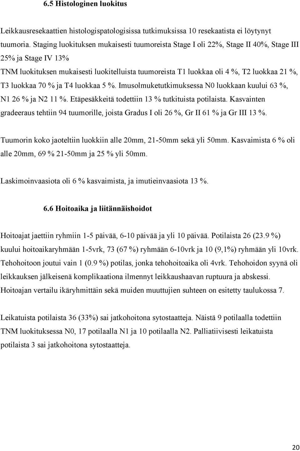 luokkaa 70 % ja T4 luokkaa 5 %. Imusolmuketutkimuksessa N0 luokkaan kuului 63 %, N1 26 % ja N2 11 %. Etäpesäkkeitä todettiin 13 % tutkituista potilaista.