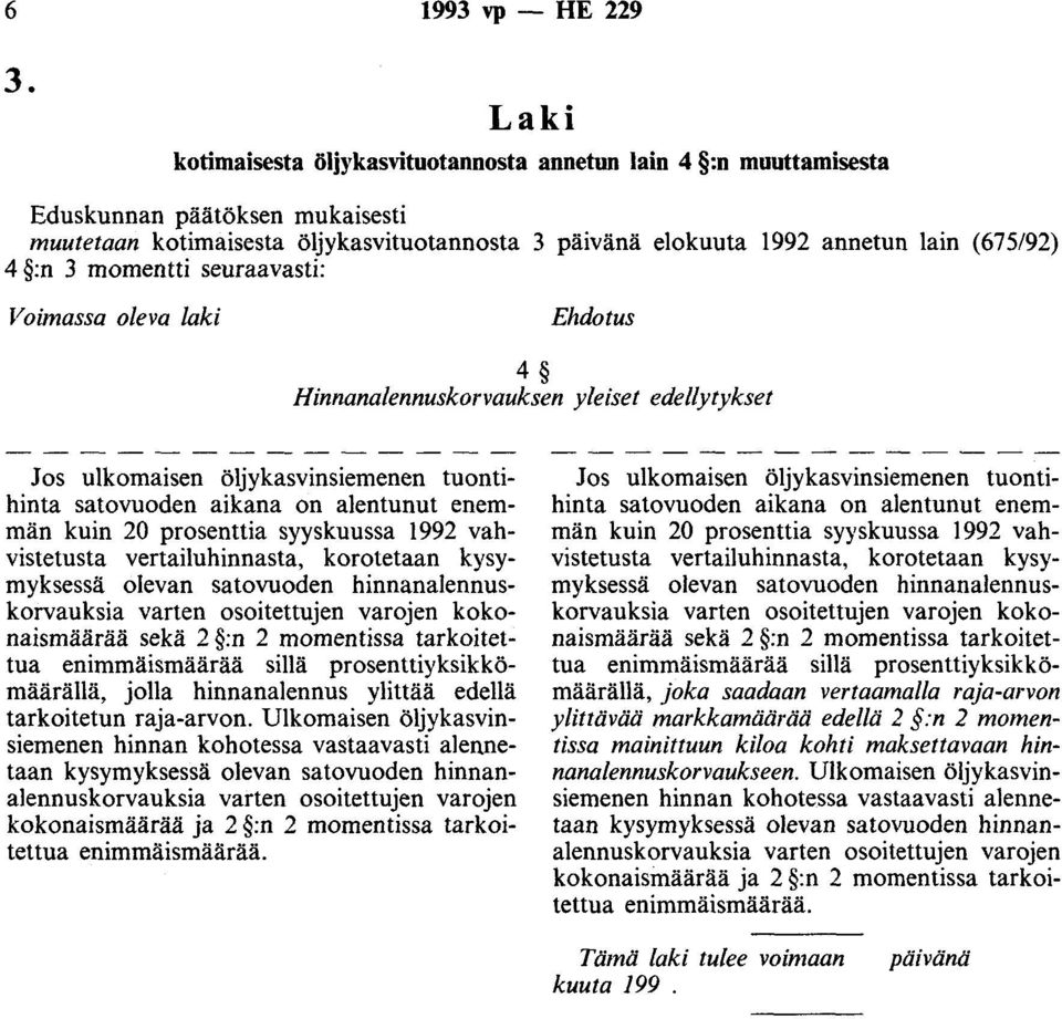 Ehdotus 4 Hinnanalennuskorvauksen yleiset edellytykset Jos ulkomaisen öljykasvinsiemenen tuontihinta satovuoden aikana on alentunut enemmän kuin 20 prosenttia syyskuussa 1992 vahvistetusta