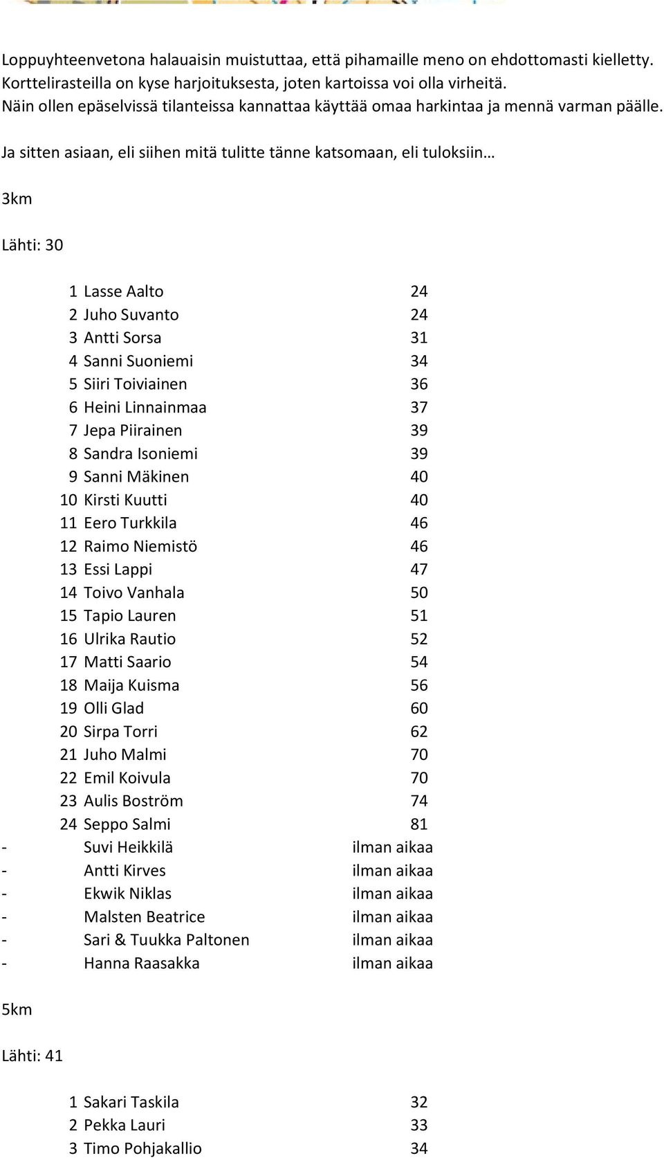 Ja sitten asiaan, eli siihen mitä tulitte tänne katsomaan, eli tuloksiin 3km Lähti: 30 1 Lasse Aalto 24 2 Juho Suvanto 24 3 Antti Sorsa 31 4 Sanni Suoniemi 34 5 Siiri Toiviainen 36 6 Heini Linnainmaa