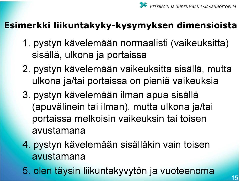 pystyn kävelemään vaikeuksitta sisällä, mutta ulkona ja/tai portaissa on pieniä vaikeuksia 3.