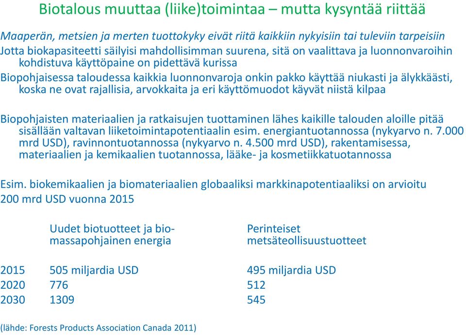 rajallisia, arvokkaita ja eri käyttömuodot käyvät niistä kilpaa Biopohjaisten materiaalien ja ratkaisujen tuottaminen lähes kaikille talouden aloille pitää sisällään valtavan