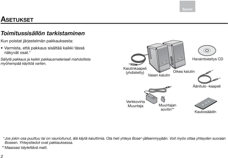 Kaiutinkaapeli (yhdistetty) Vasen kaiutin Oikea kaiutin Havaintoesitys CD Äänitulo -kaapeli Verkkovirta Muuntaja Muuntajan sovitin** Kaukosäädin