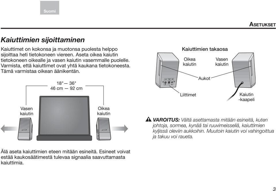 18" 36" 46 cm 92 cm Kaiuttimien takaosa Oikea kaiutin Liittimet Aukot Vasen kaiutin Kaiutin -kaapeli Vasen kaiutin Oikea kaiutin VAROITUS: Vältä asettamasta mitään esineitä, kuten