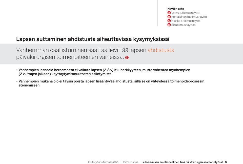 Vanhempien läsnäolo heräämössä ei vaikuta lapsen (2-8 v) itkuherkkyyteen, mutta vähentää myöhempien (2 vk tmp:n jälkeen)