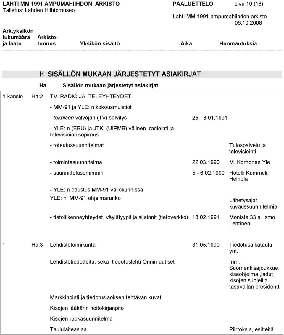 1991 YLE: n (EBU) ja JTK (UIPMB) välinen radiointi ja televisiointi sopimus toteutussuunnitelmat Tulospalvelu ja televisiointi toimintasuunnitelma 22.03.1990 M. Korhonen Yle suunnitteluseminaari 5. 6.