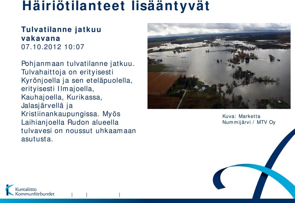 Tulvahaittoja on erityisesti Kyrönjoella ja sen eteläpuolella, erityisesti Ilmajoella,