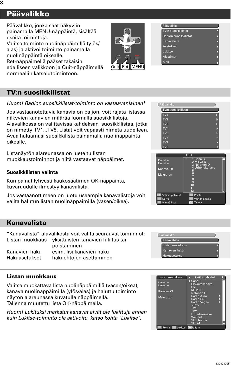 Quit Ret MENU TV:n suosikkilistat Radion suosikkilistat Kanavalista Asetukset Lukitse Ajastimet Kieli TV:n suosikkilistat Huom! Radion suosikkilistat-toiminto on vastaavanlainen!