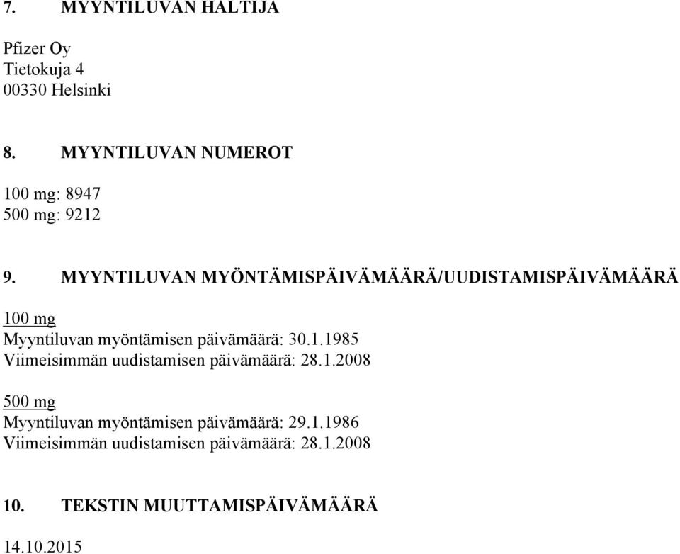 MYYNTILUVAN MYÖNTÄMISPÄIVÄMÄÄRÄ/UUDISTAMISPÄIVÄMÄÄRÄ 100 mg Myyntiluvan myöntämisen päivämäärä: 30.1.1985 Viimeisimmän uudistamisen päivämäärä: 28.