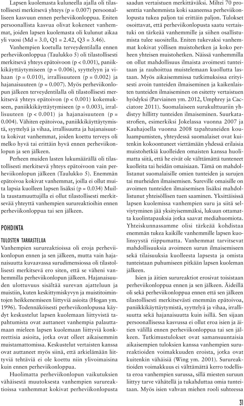 Vanhempien koetulla terveydentilalla ennen perheviikonloppua (Taulukko 5) oli tilastollisesti merkitsevä yhteys epätoivoon (p < 0.001), paniikkikäyttäytymiseen (p = 0.