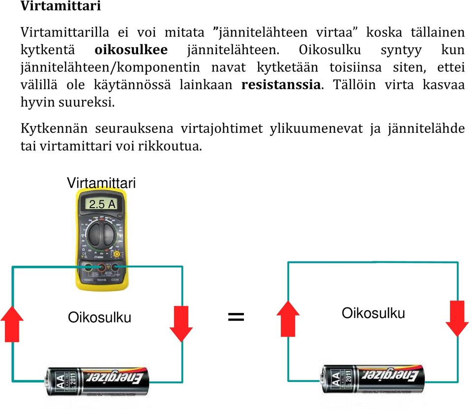 Oikosulku syntyy kun jännitelähteen/komponentin navat kytketään toisiinsa siten, ettei välillä ole