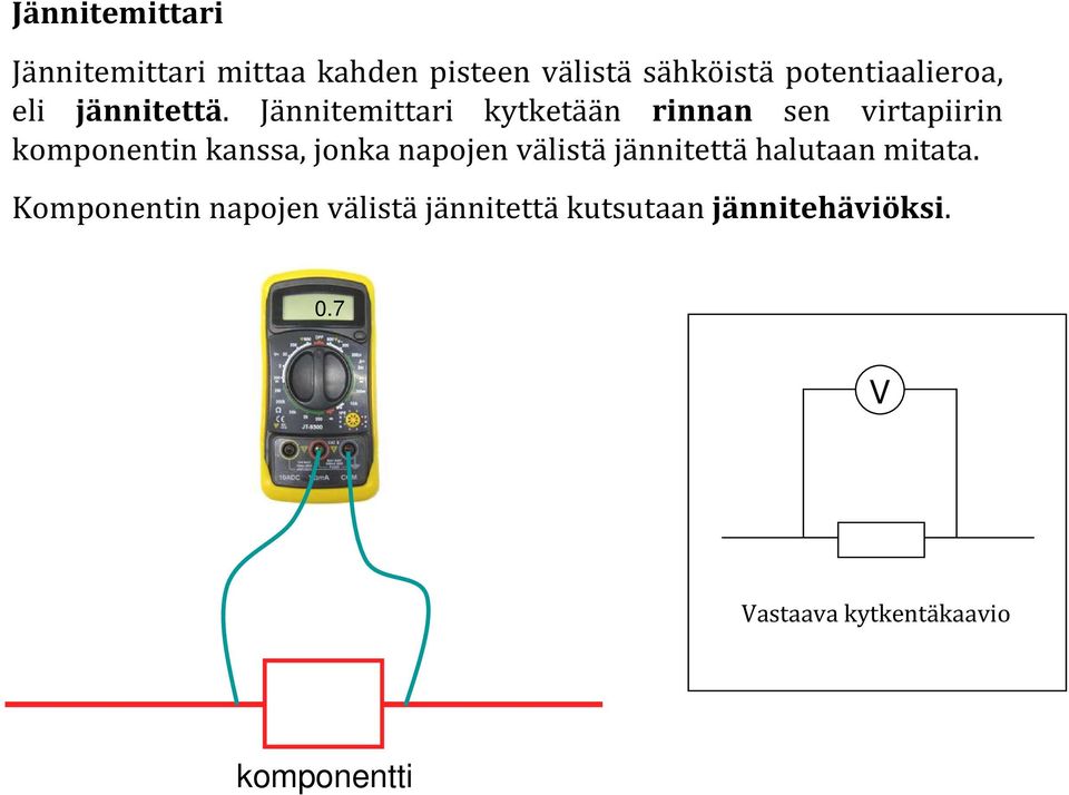 Jännitemittari kytketään rinnan sen virtapiirin komponentin kanssa, jonka napojen
