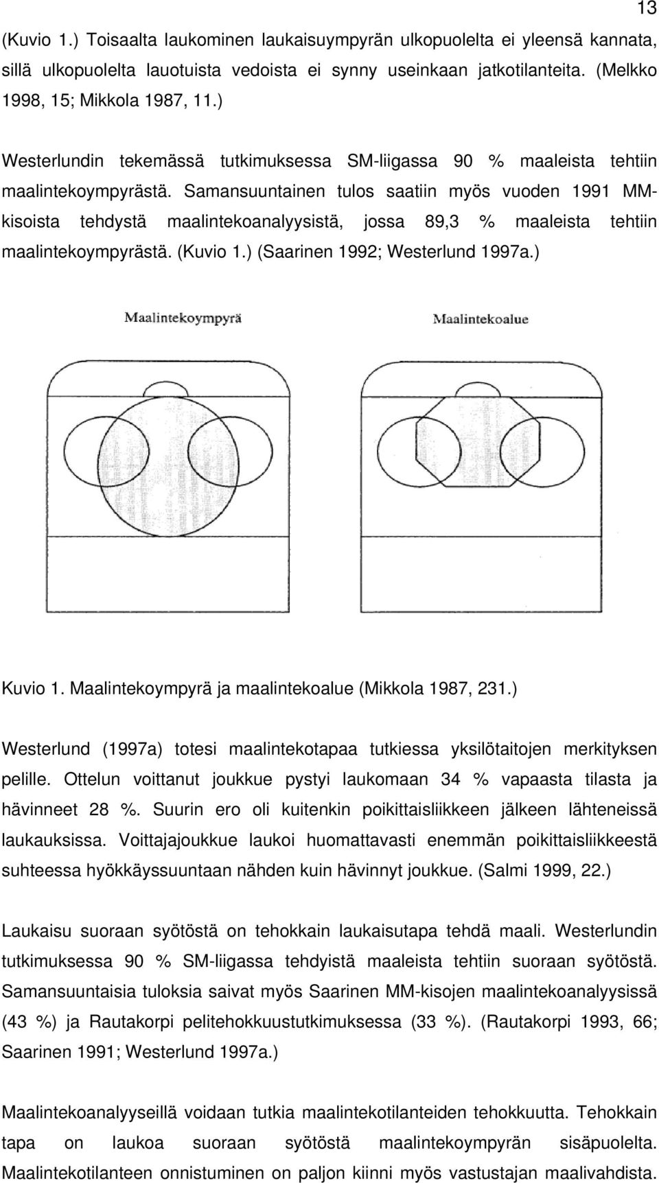 Samansuuntainen tulos saatiin myös vuoden 1991 MMkisoista tehdystä maalintekoanalyysistä, jossa 89,3 % maaleista tehtiin maalintekoympyrästä. (Kuvio 1.) (Saarinen 1992; Westerlund 1997a.) Kuvio 1.