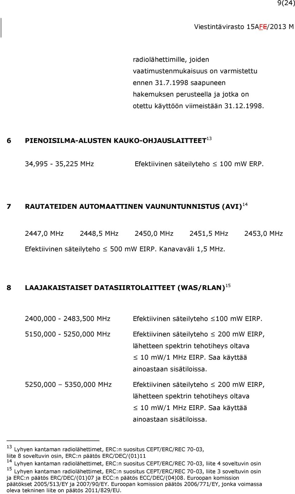 8 LAAJAKAISTAISET DATASIIRTOLAITTEET (WAS/RLAN) 15 2400,000-2483,500 MHz Efektiivinen säteilyteho 100 mw EIRP.