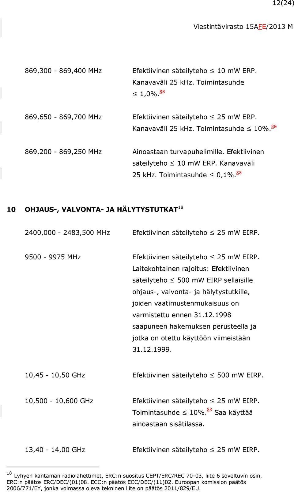 88 10 OHJAUS-, VALVONTA- JA HÄLYTYSTUTKAT 18 2400,000-2483,500 MHz Efektiivinen säteilyteho 25 mw EIRP. 9500-9975 MHz Efektiivinen säteilyteho 25 mw EIRP.