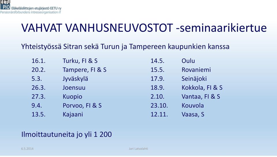 3. Kuopio 9.4. Porvoo, FI & S 13.5. Kajaani 14.5. Oulu 15.5. Rovaniemi 17.9. Seinäjoki 18.9. Kokkola, FI & S 2.