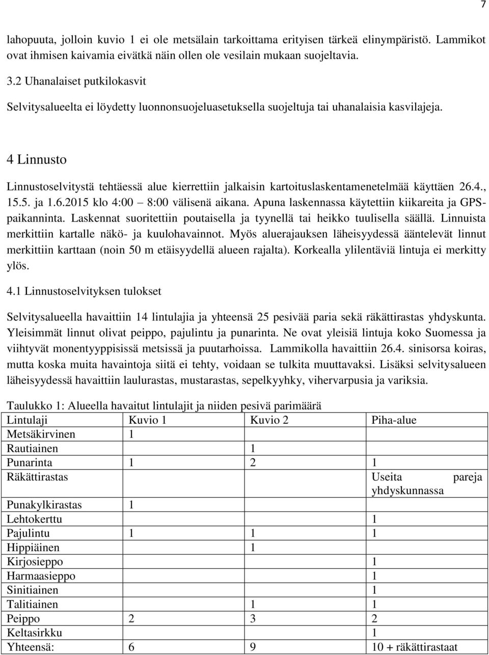 4 Linnusto Linnustoselvitystä tehtäessä alue kierrettiin jalkaisin kartoituslaskentamenetelmää käyttäen 26.4., 15.5. ja 1.6.2015 klo 4:00 8:00 välisenä aikana.