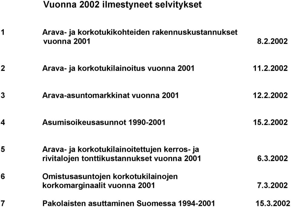 3.2002 6 Omistusasuntojen korkotukilainojen korkomarginaalit vuonna 2001 7.3.2002 7 Pakolaisten asuttaminen Suomessa 1994-2001 15.