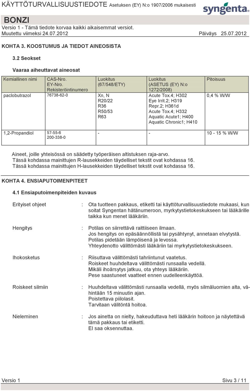4; H332 Aquatic Acute1; H400 Aquatic Chronic1; H410 Pitoisuus 0,4 % W/W 1,2-Propandiol 57-55-6 200-338-0 - - 10-15 % W/W Aineet, joille yhteisössä on säädetty työperäisen altistuksen raja-arvo.