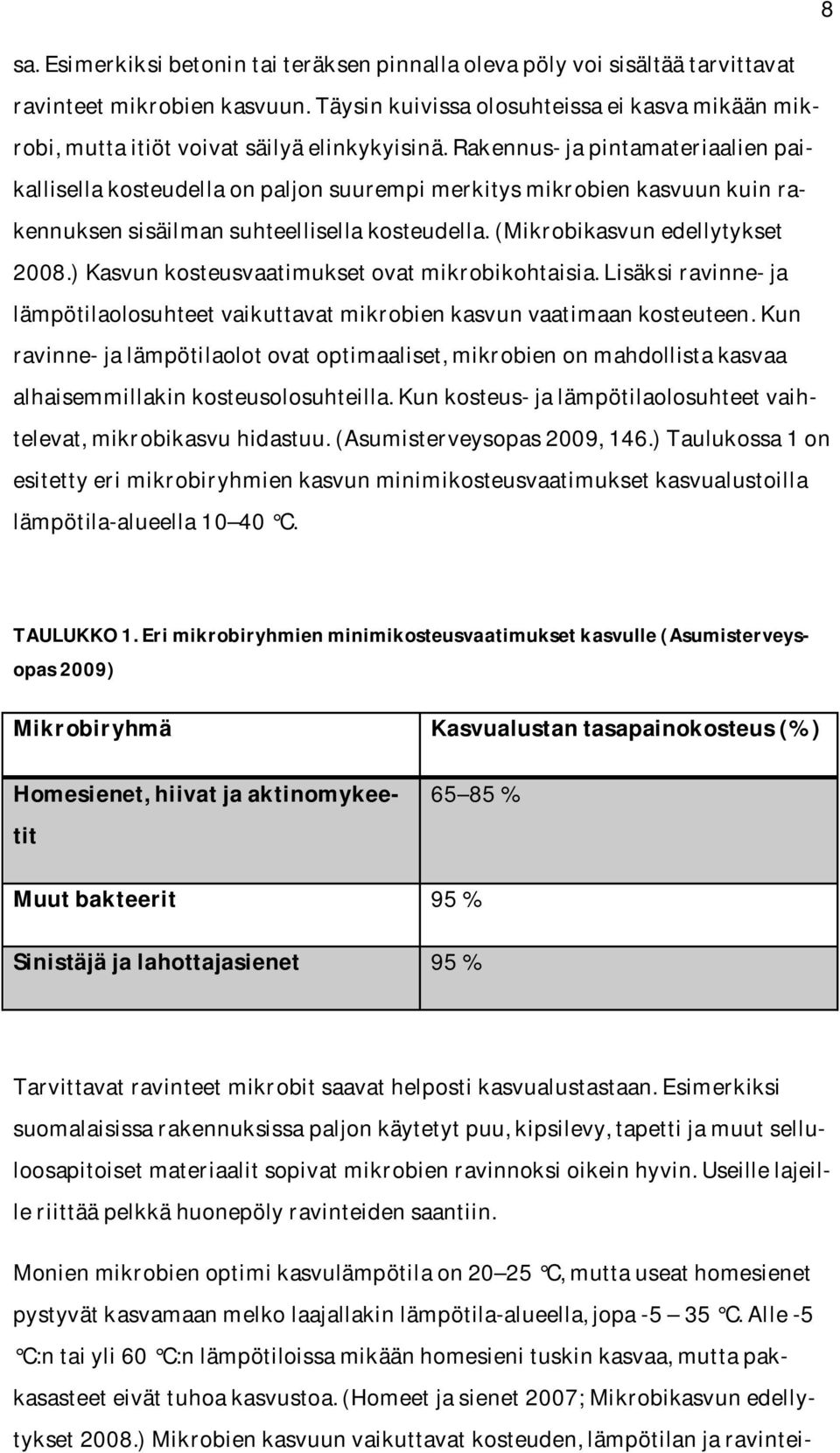 Rakennus- ja pintamateriaalien paikallisella kosteudella on paljon suurempi merkitys mikrobien kasvuun kuin rakennuksen sisäilman suhteellisella kosteudella. (Mikrobikasvun edellytykset 2008.