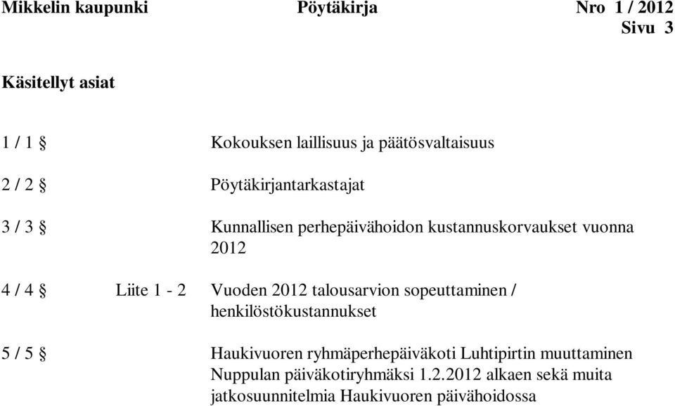 2012 4 / 4 Liite 1-2 Vuoden 2012 talousarvion sopeuttaminen / henkilöstökustannukset 5 / 5 Haukivuoren