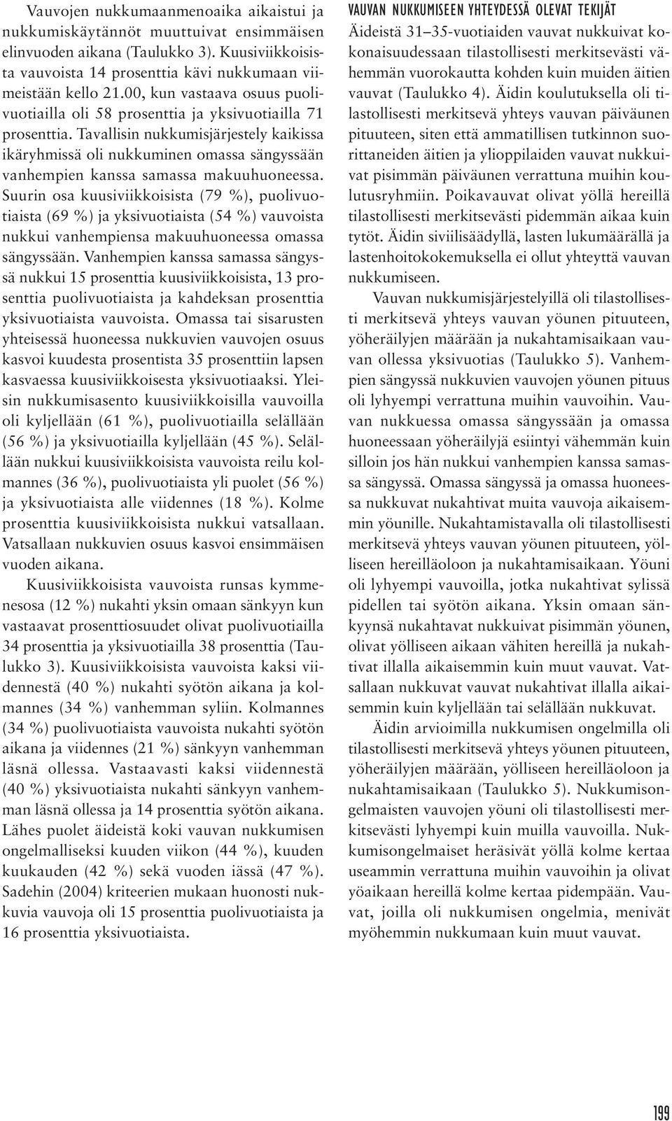 Tavallisin nukkumisjärjestely kaikissa ikäryhmissä oli nukkuminen omassa sängyssään vanhempien kanssa samassa makuuhuoneessa.