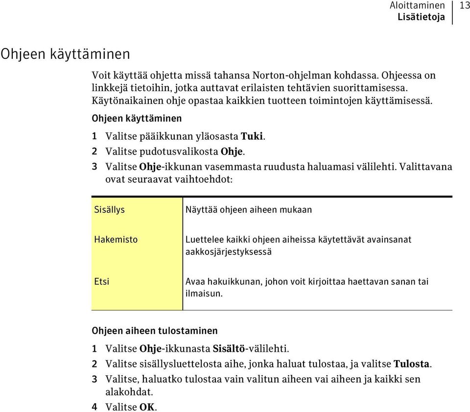3 Valitse Ohje-ikkunan vasemmasta ruudusta haluamasi välilehti.